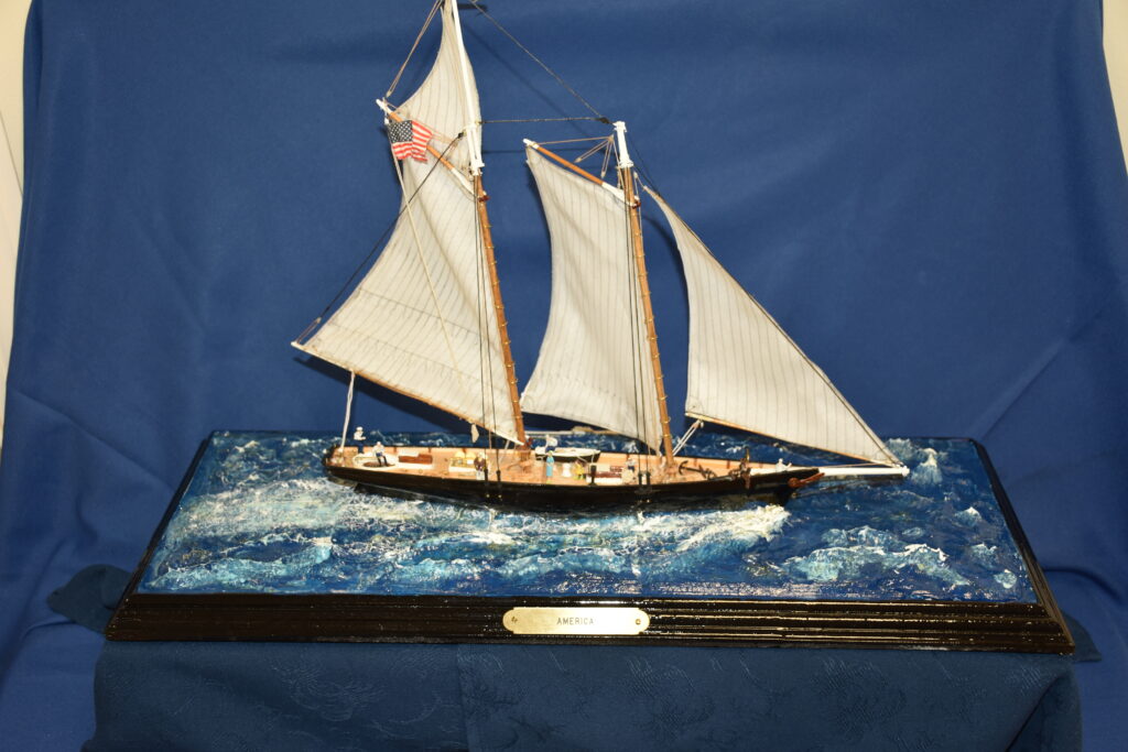 A fellow resident could not finish this model of the yacht America for health reasons, so he gave it to me at the start of the Corona virus problem.  I was able to finish it and gave it back to him. On his passing it was again back with me.   This yacht America has made a small journey in its own way.